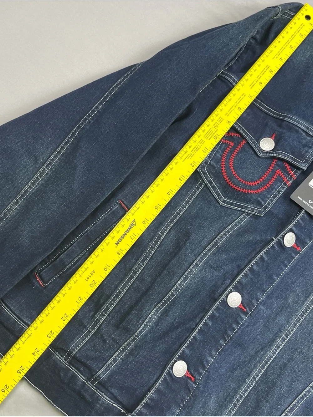 True Religion Denim Jacket Red Ladder Stitch Men’s Medium Dark Wash MSRP $184